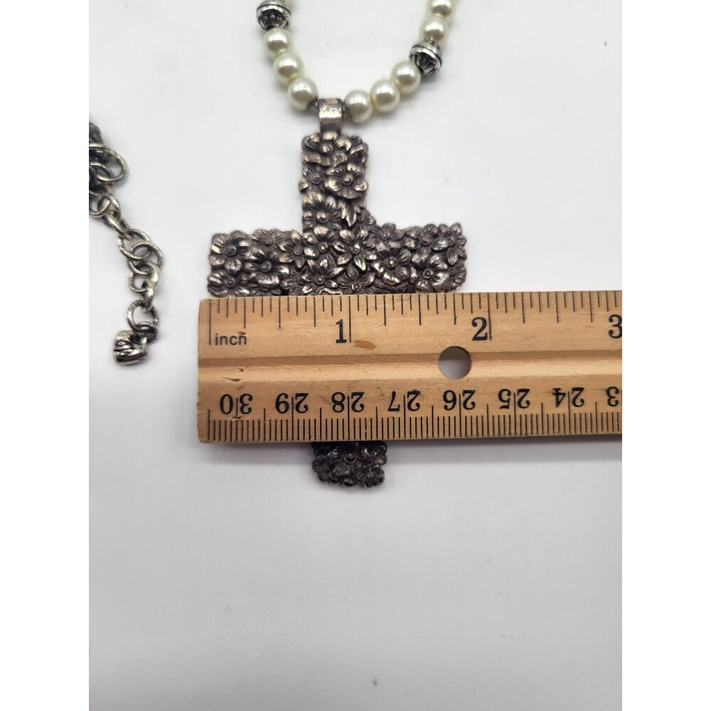 Brighton Lola Floral Cross Necklace Faux Pearl Beaded Long Statement Pendant - Picture 5 of 10